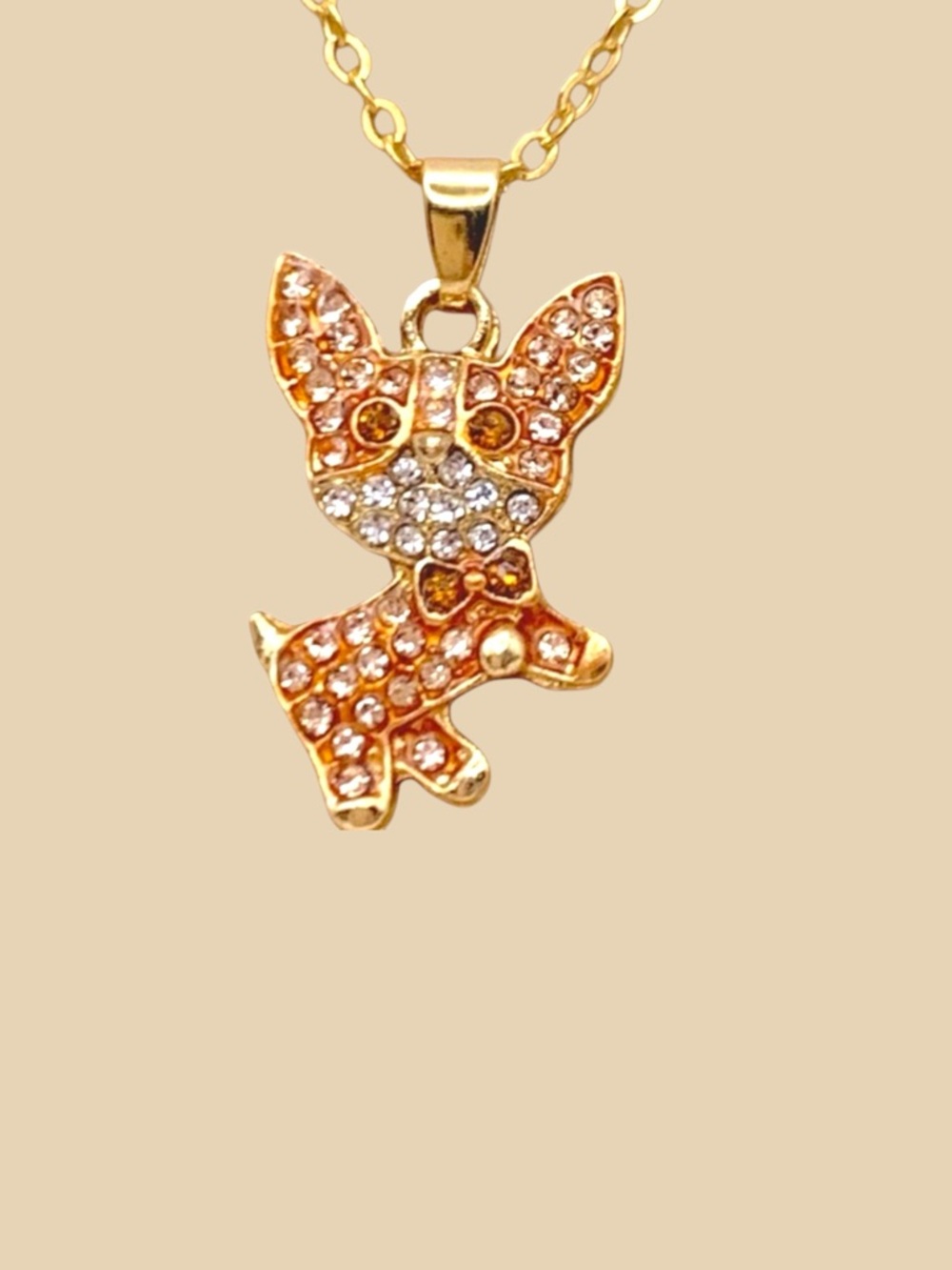 Chihuahua Dog Rose Gold & Gold Plated Necklace Pendant Brown Crystal Necklace - Picture 1 of 2